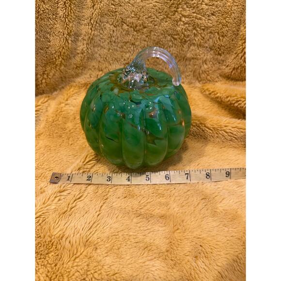 Hand Blown light green Swirl Art Glass Stemmed Pumpkin Fall decor thanksgiving - Picture 2 of 8